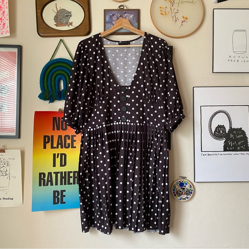 Asos Black & White Polka Dot Pleated Mini Dress Size 12